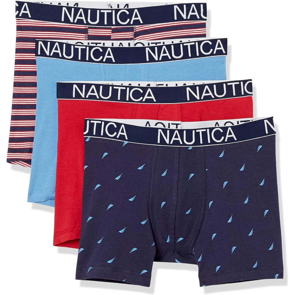 image:imageNautica Mens Cotton Stretch 4 Pack Boxer BriefsClear Skies BlueNautica RedMain StripeSail Print