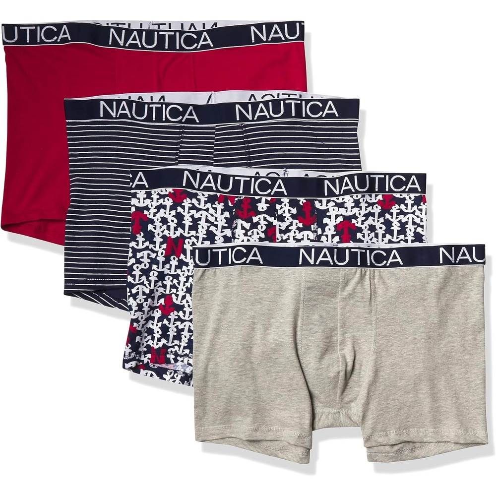 image:imageNautica Mens Cotton Stretch 4 Pack Boxer BriefsNautica RedHeather GreyPin StripeBold Anchor