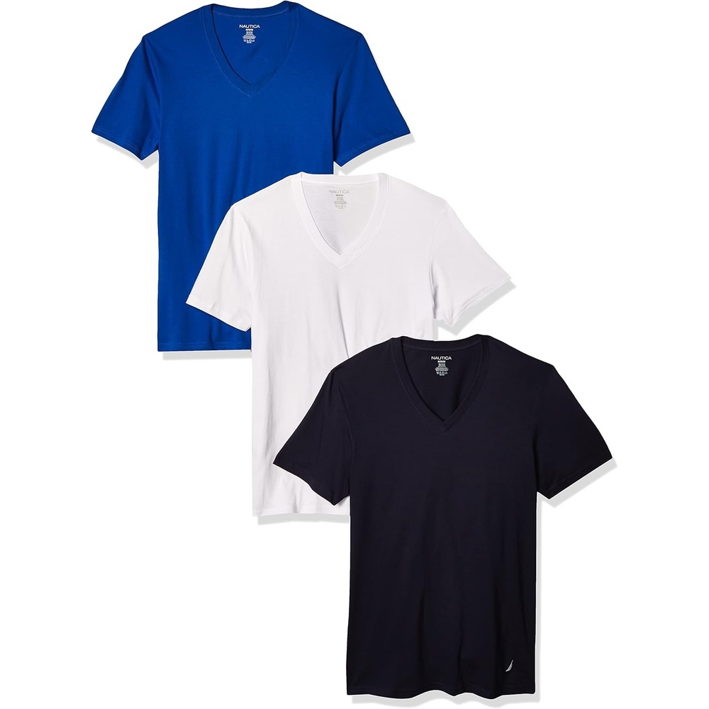 image:imageNautica Mens Cotton VNeck 3Pack TShirtsPeacoatCobaltWhite 3 Pack