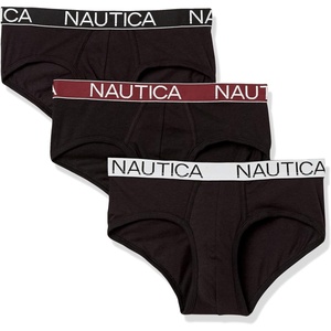 Nautica Men’s Classic Cotton Stretch 3-Pack Briefs(Black – Black/Tawny Port/White Waistband)
