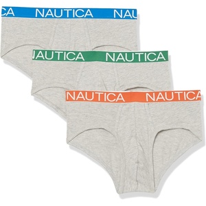Nautica Men’s Classic Cotton Stretch 3-Pack Briefs(Heather Grey – Orange/Pro Blue/Green Waistband)