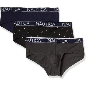 Nautica Men’s Classic Cotton Stretch 3-Pack Briefs(Peacoat/Charcoal/Sail Print- Black White)