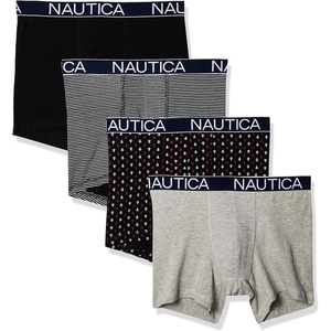 Nautica Men’s Cotton Stretch 4 Pack Boxer Briefs(Black/Heather Grey/Stripe 2/Anchor Print)