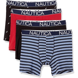Nautica Men’s Cotton Stretch 4 Pack Boxer Briefs(Black/Nautica Red/Stripe Black/Sail Print)