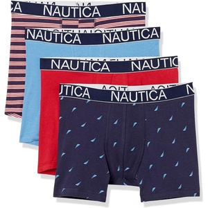 Nautica Men’s Cotton Stretch 4 Pack Boxer Briefs(Clear Skies Blue/Nautica Red/Main Stripe/Sail Print)