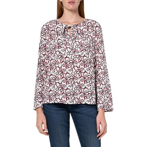 Nautica Women’s Printed Long Sleeve Tie Front Woven Popover Top(Ivory Multi)