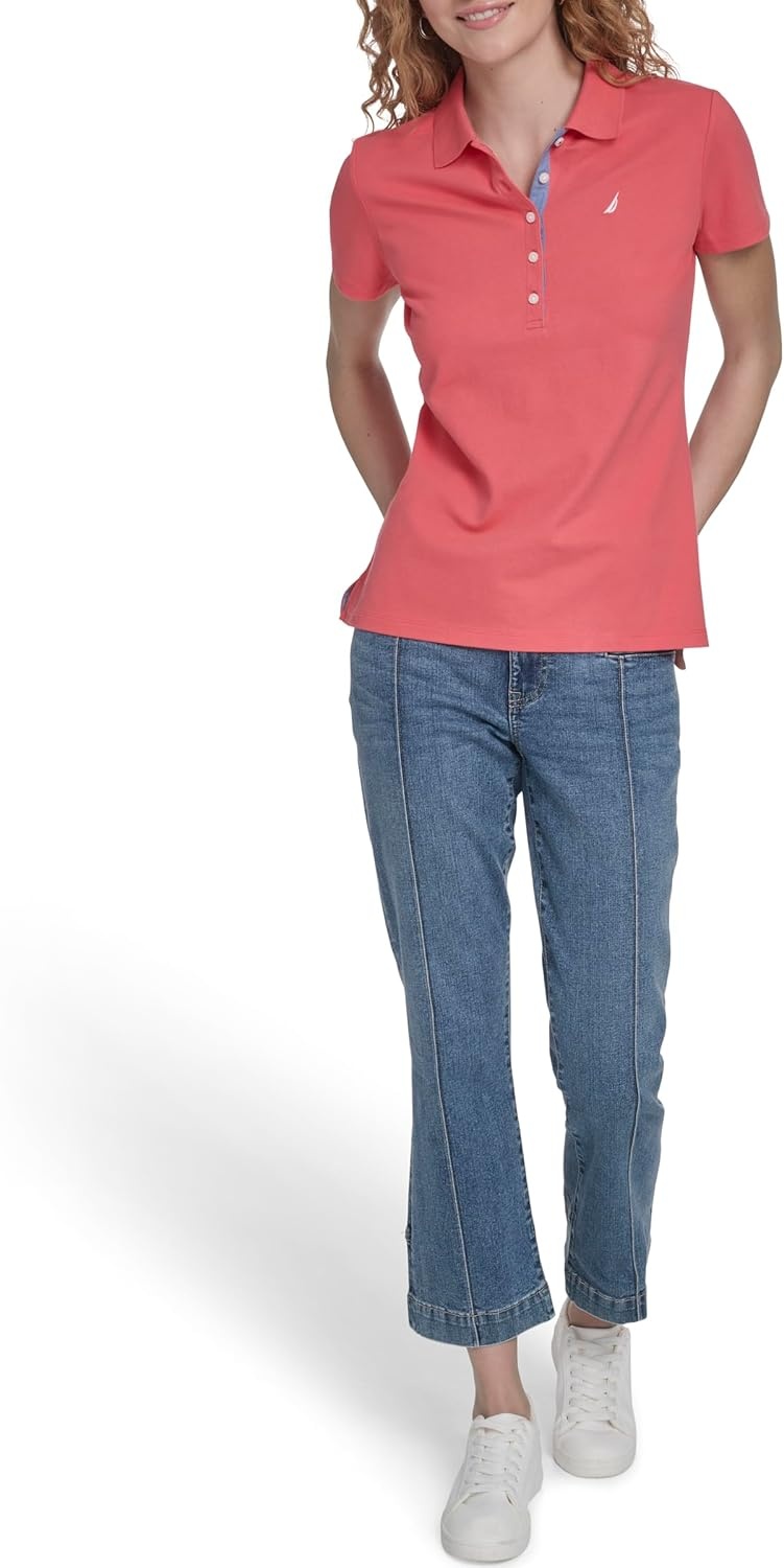 image:imageNautica Womens 5Button Short Sleeve Breathable 100 Cotton Polo ShirtPeony