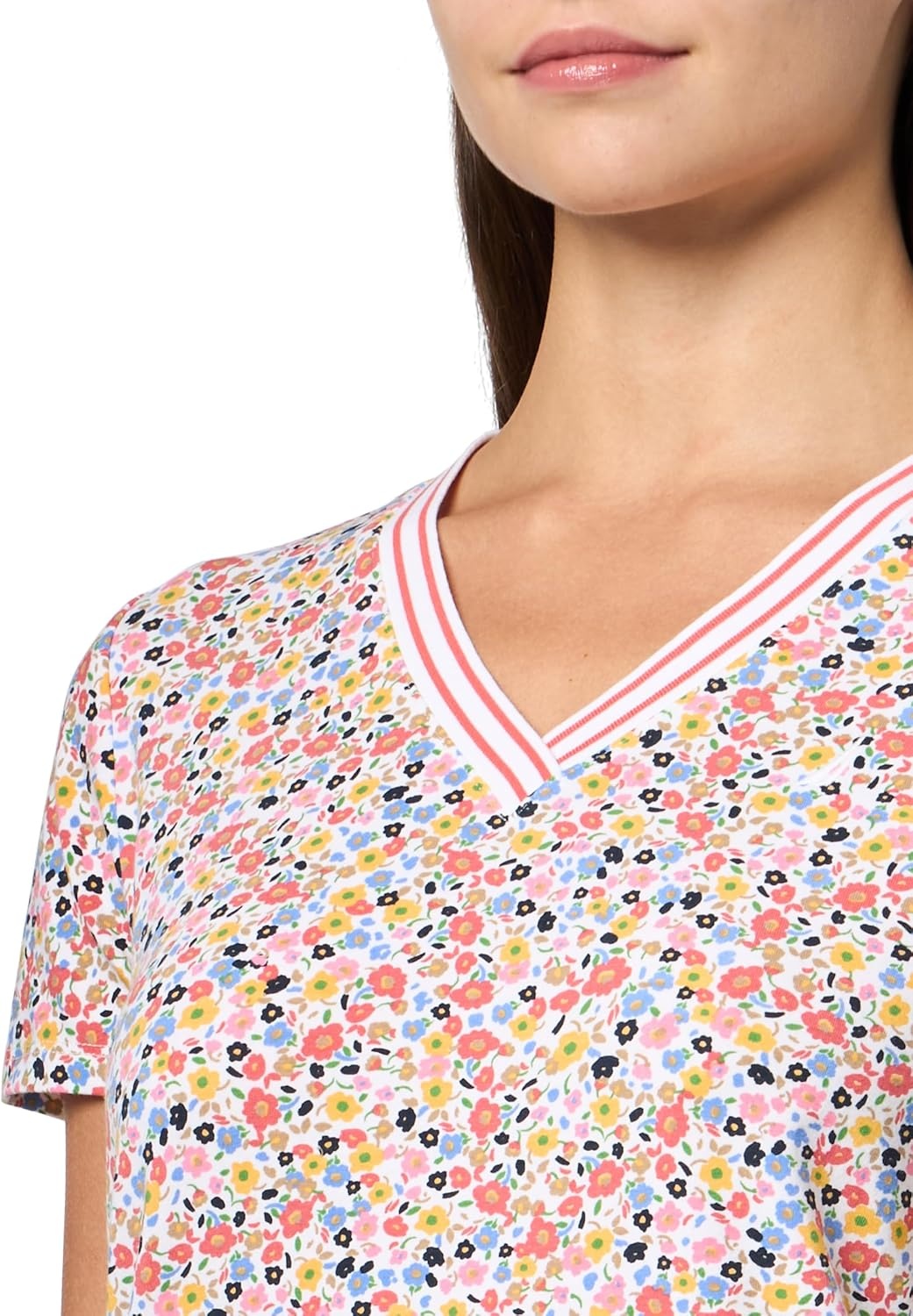image:imageNautica Womens Tipped Short Sleeve VNeck Shirt Bright White Multi Large