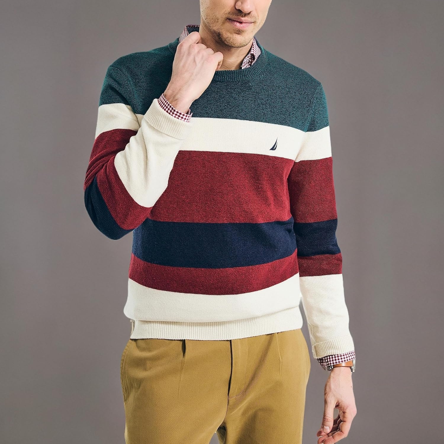 image:imageNautica Mens Nautica Sustainably Crafted Striped Textured Crewneck SweaterNautica Tan