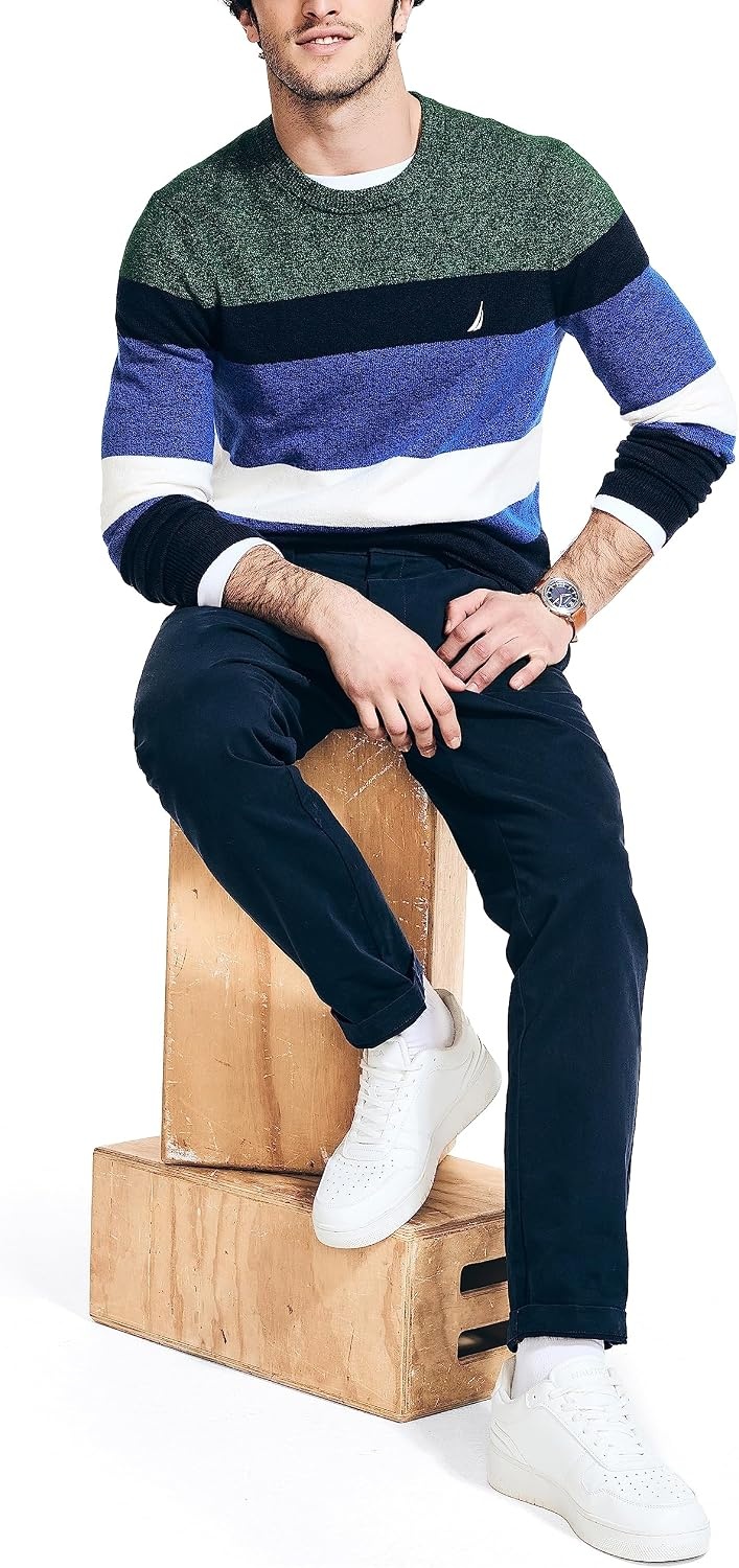image:imageNautica Mens Nautica Sustainably Crafted Striped Textured Crewneck SweaterNavy Seas