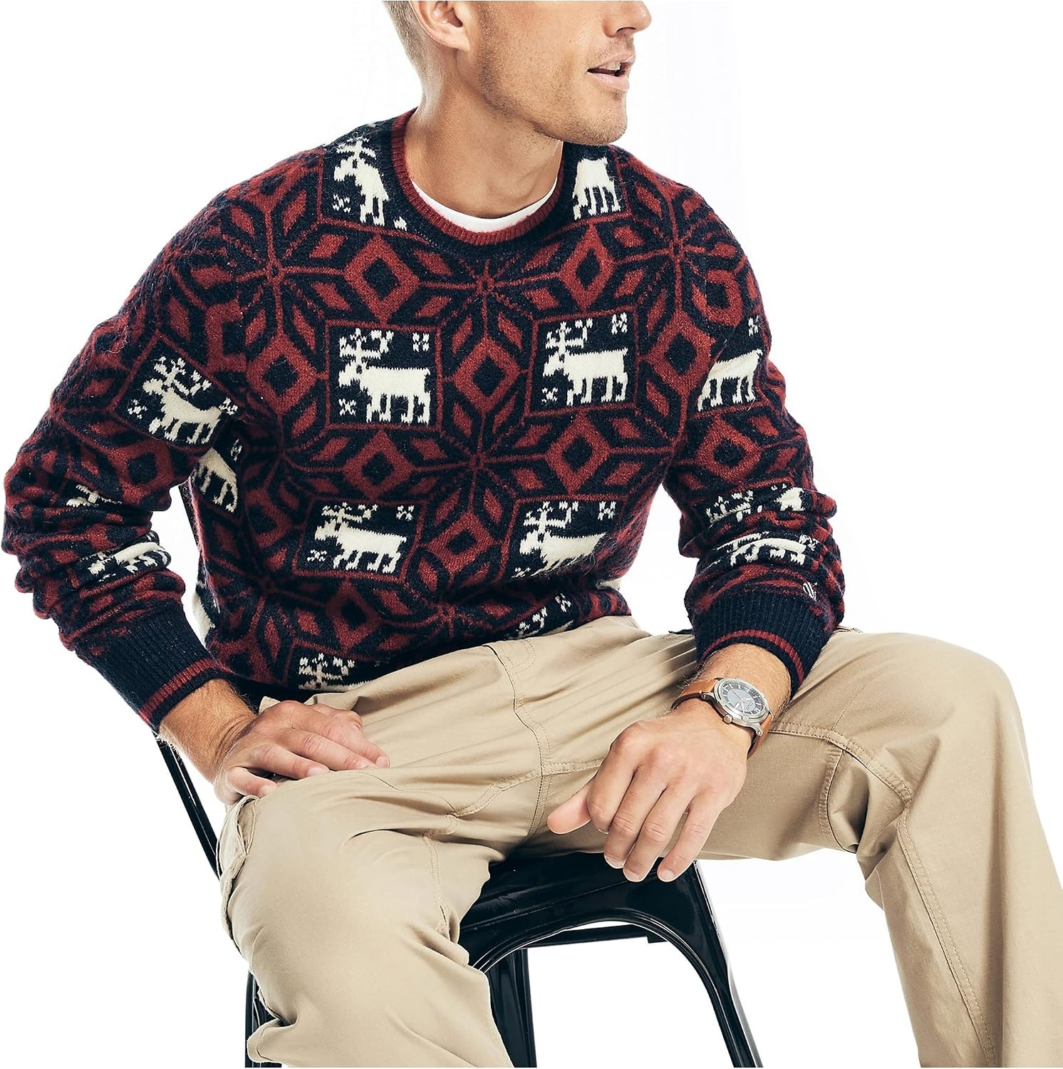 image:imageNautica Mens Reissue Printed Jacquard Crewneck SweaterNavy