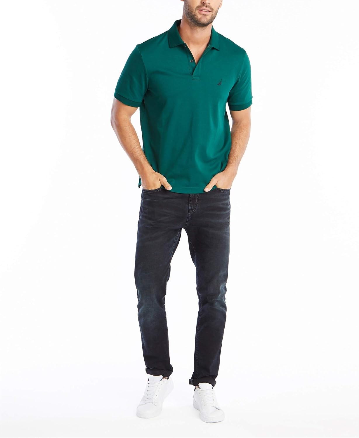image:imageNautica Mens Classic Fit Short Sleeve Dual Tipped Collar Polo ShirtTidal Green Solid
