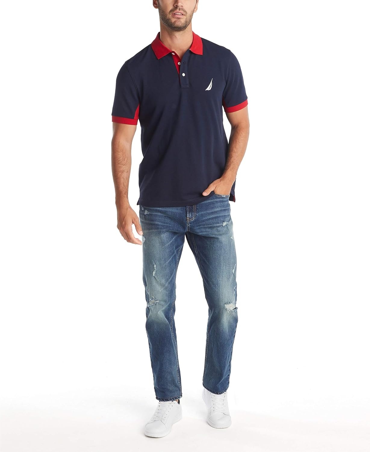 image:imageNautica Mens Classic Fit Short Sleeve Performance Pique Polo ShirtNavy