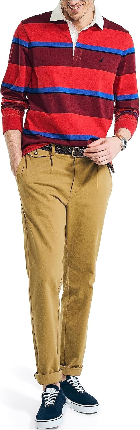 image:imageNautica Mens Relaxed Fit LongSleeve Rugby PoloSunrise Red
