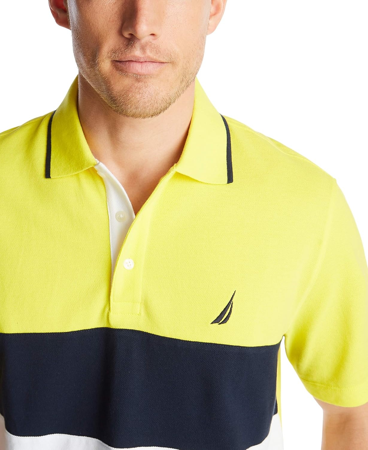 image:imageNautica Mens Short Sleeve 100 Cotton Pique Color Block Polo ShirtBlazing Yellow