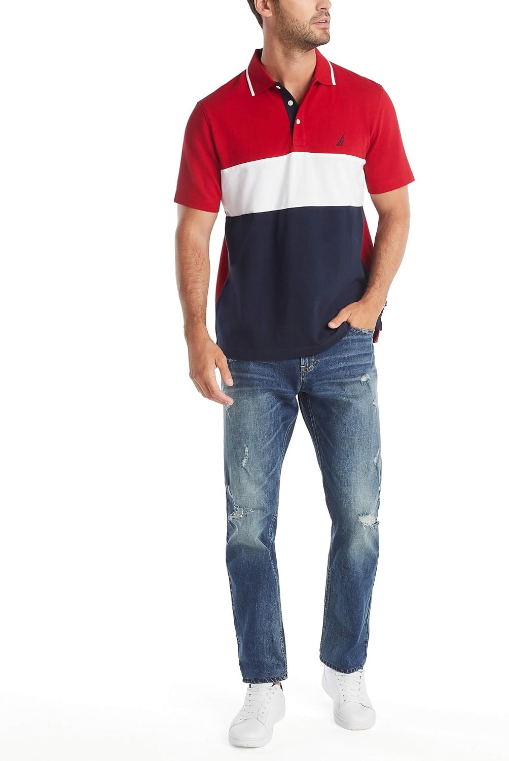 image:imageNautica Mens Short Sleeve 100 Cotton Pique Color Block Polo ShirtNautica Red