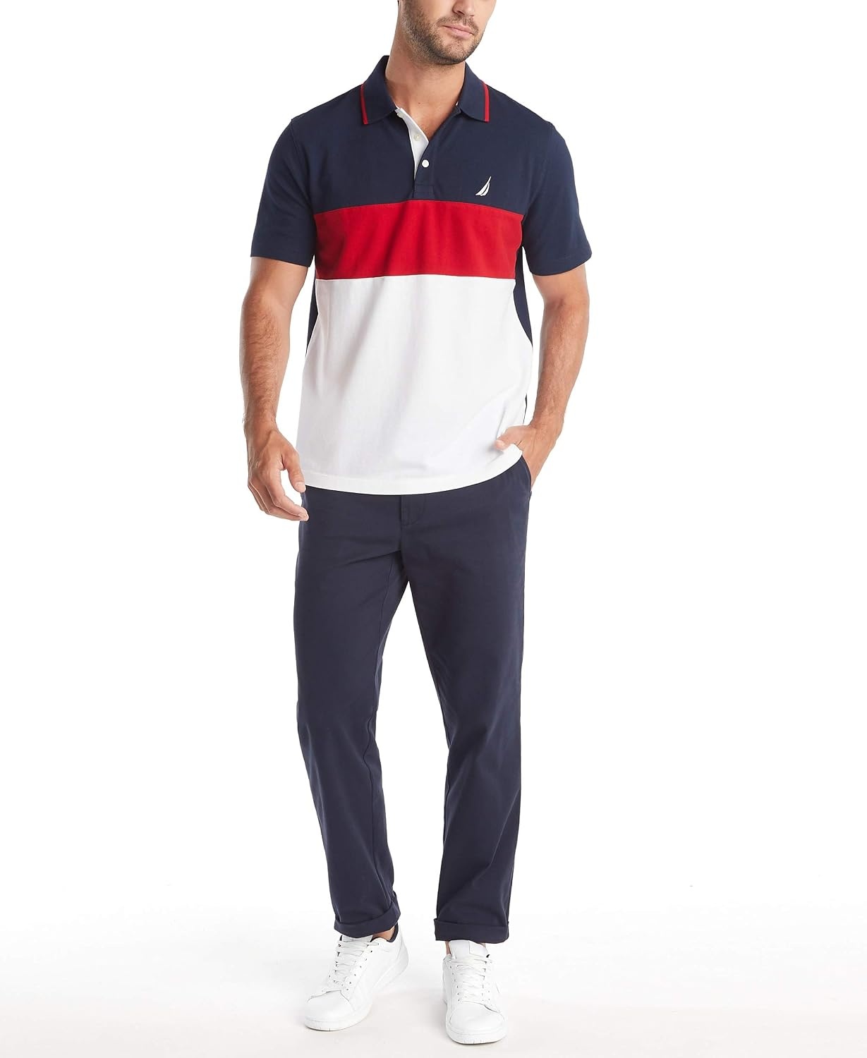 image:imageNautica Mens Short Sleeve 100 Cotton Pique Color Block Polo ShirtNavy