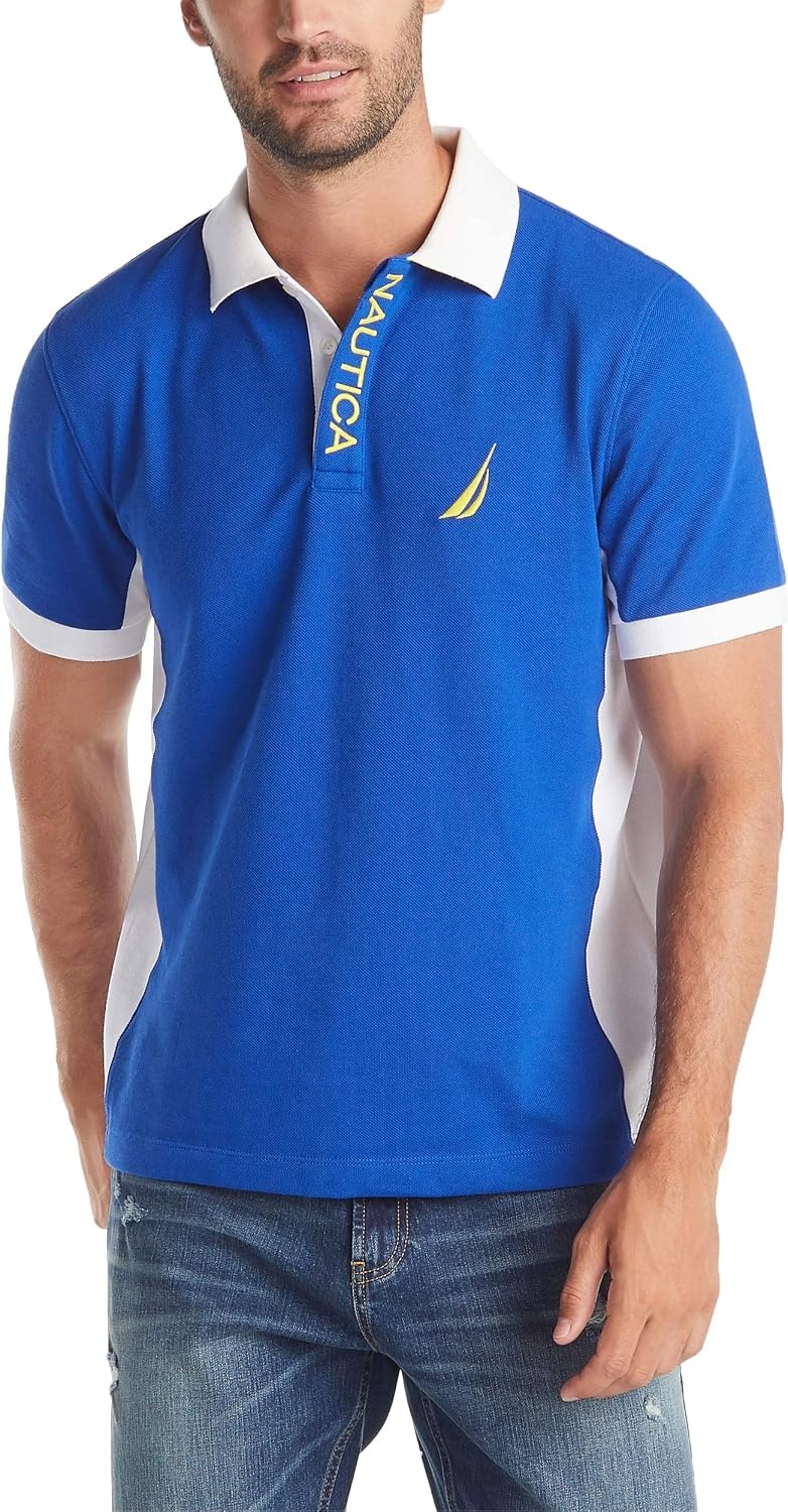 image:imageNautica Mens Short Sleeve Color Block Performance Pique Polo ShirtBright Cobalt