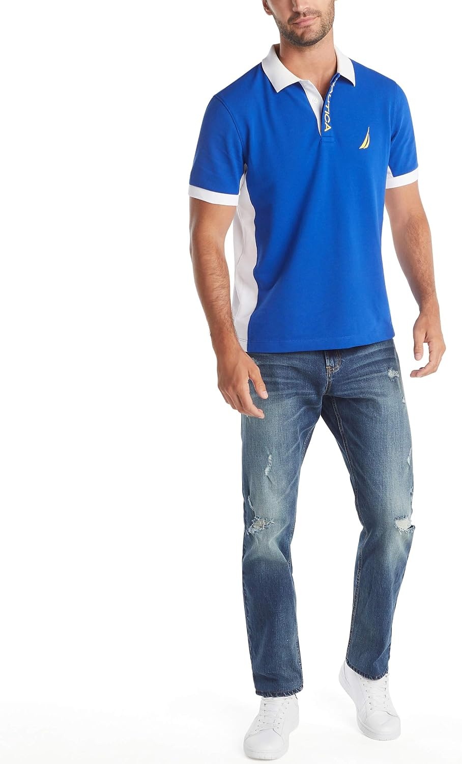 image:imageNautica Mens Short Sleeve Color Block Performance Pique Polo ShirtBright Cobalt