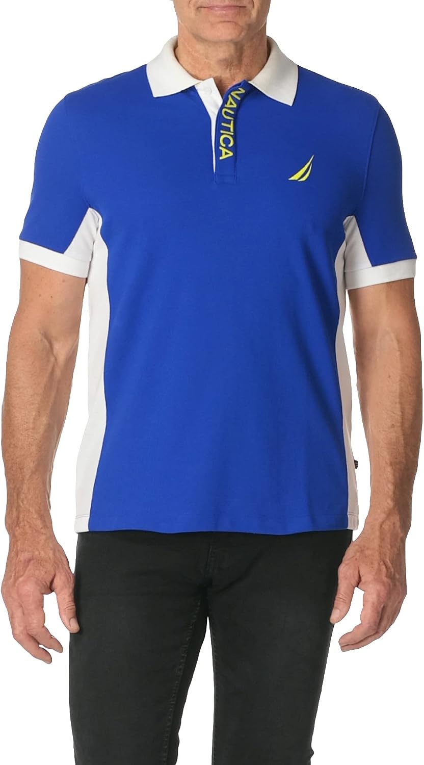 image:imageNautica Mens Short Sleeve Color Block Performance Pique Polo ShirtBright Cobalt