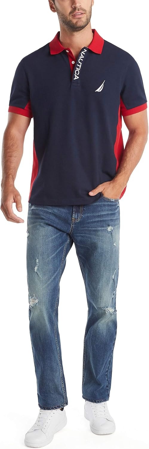 image:imageNautica Mens Short Sleeve Color Block Performance Pique Polo ShirtNavy