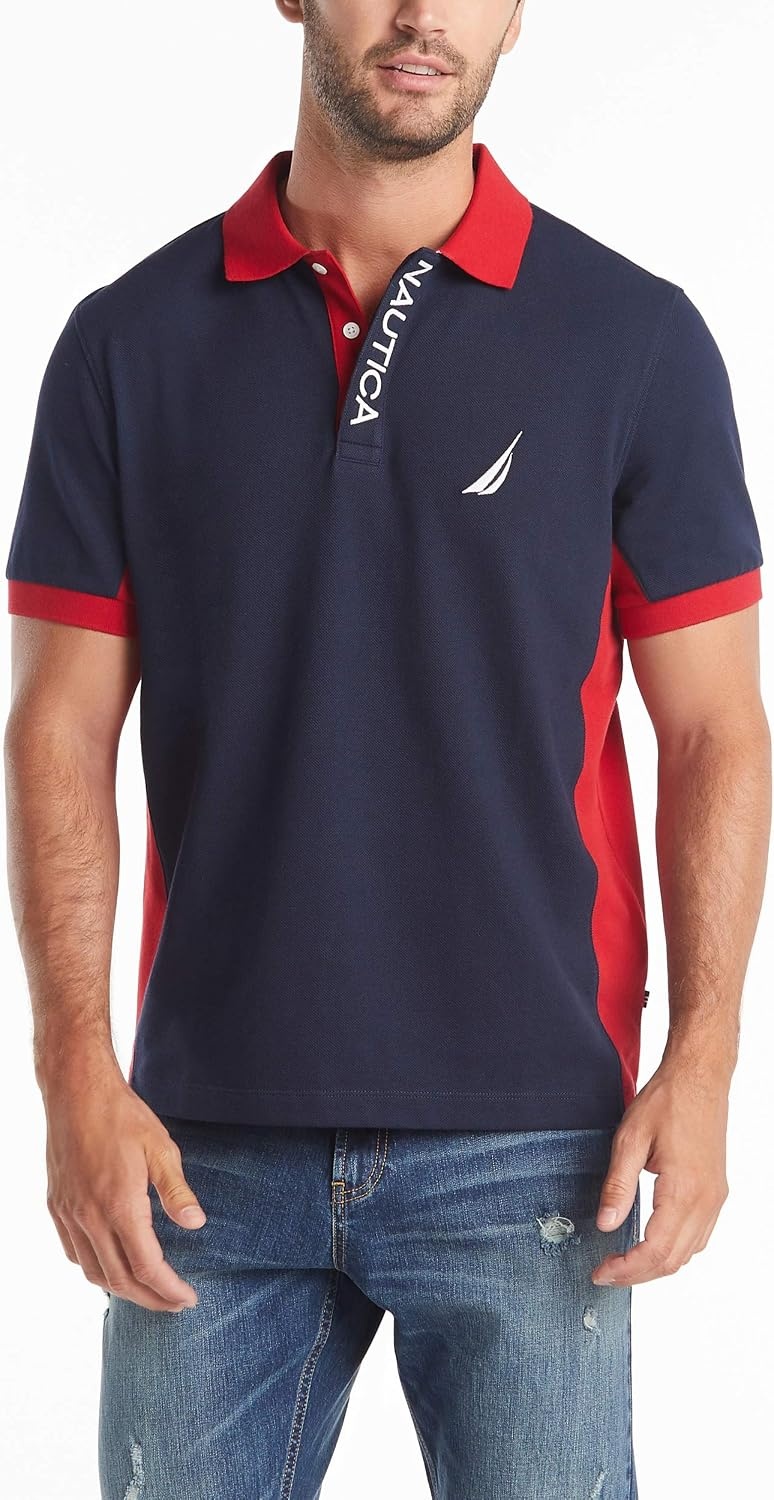 image:imageNautica Mens Short Sleeve Color Block Performance Pique Polo ShirtNavy