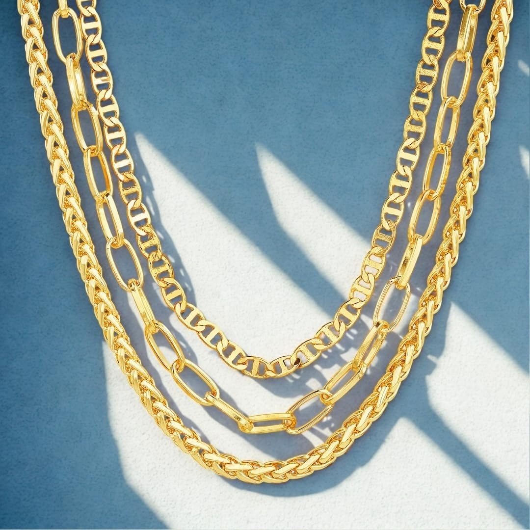 image:imageNautica Three Row Layered Necklace for Women 14K Gold Plated Alloy Statement Mariner Wheat Paperclip Chain