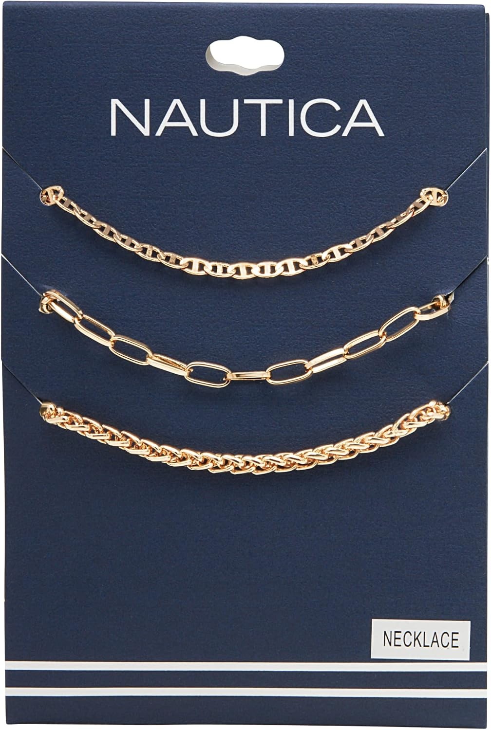 image:imageNautica Three Row Layered Necklace for Women 14K Gold Plated Alloy Statement Mariner Wheat Paperclip Chain