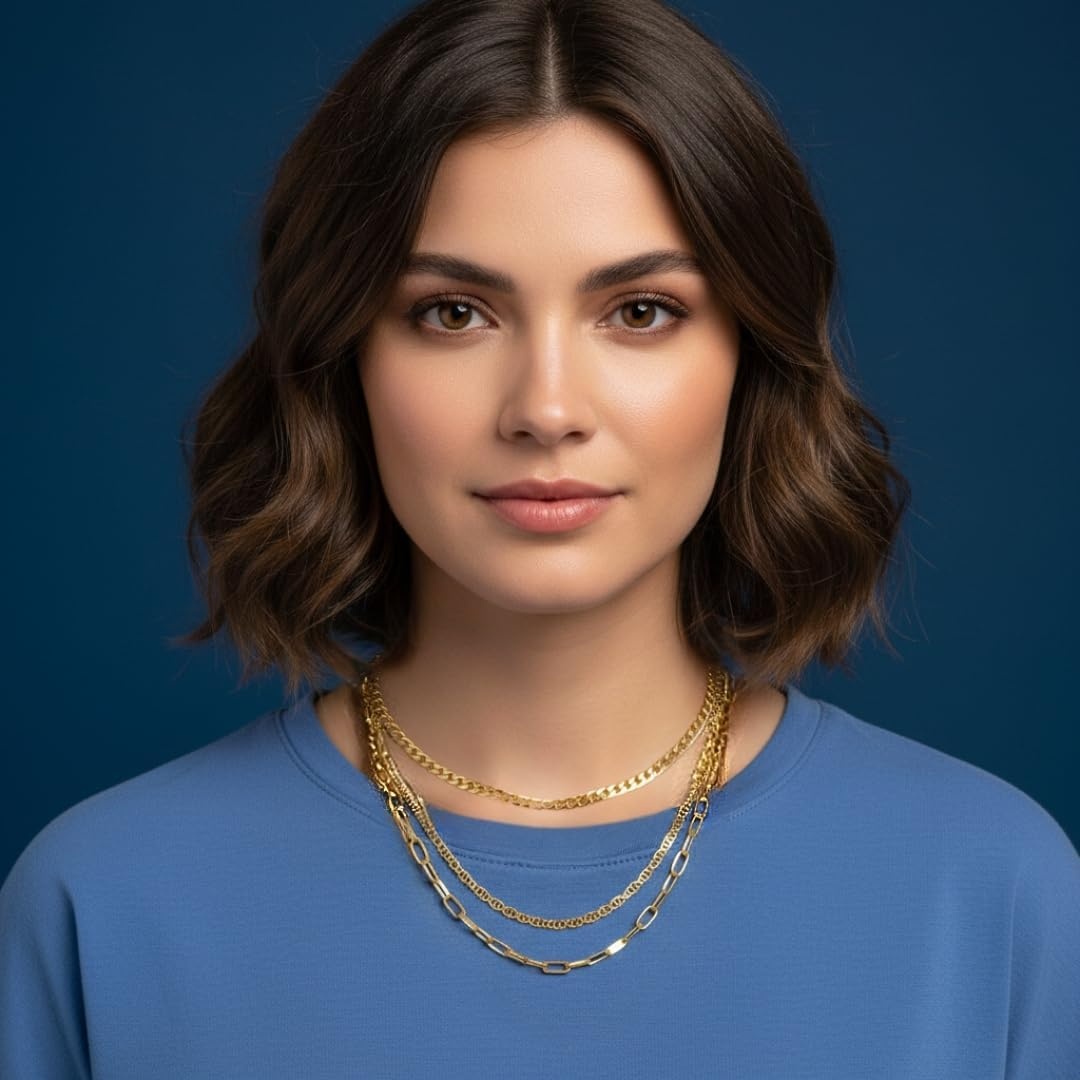 image:imageNautica Three Row Layered Necklace for Women 14K Gold Plated Alloy Statement Mariner Wheat Paperclip Chain