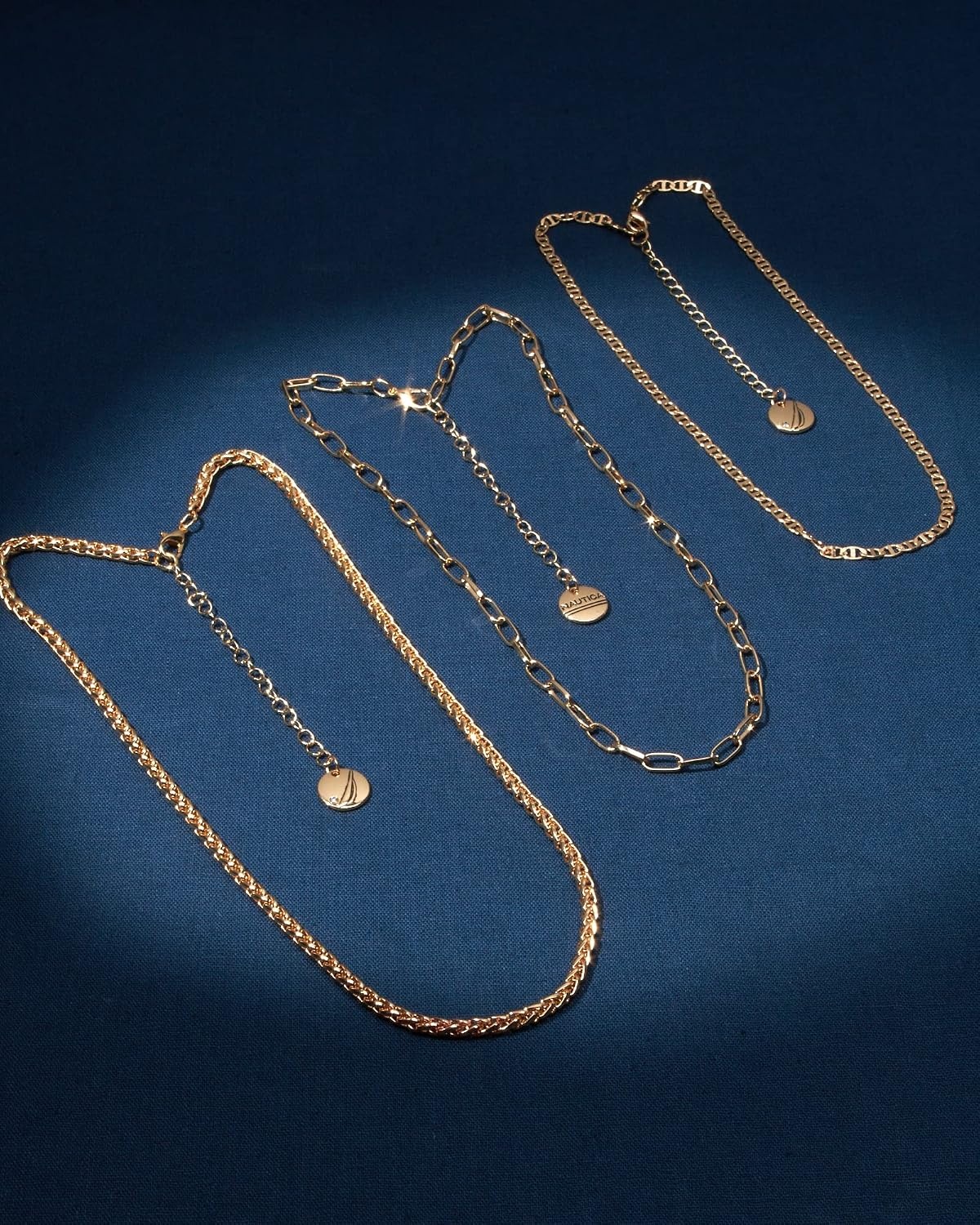 image:imageNautica Three Row Layered Necklace for Women 14K Gold Plated Alloy Statement Mariner Wheat Paperclip Chain