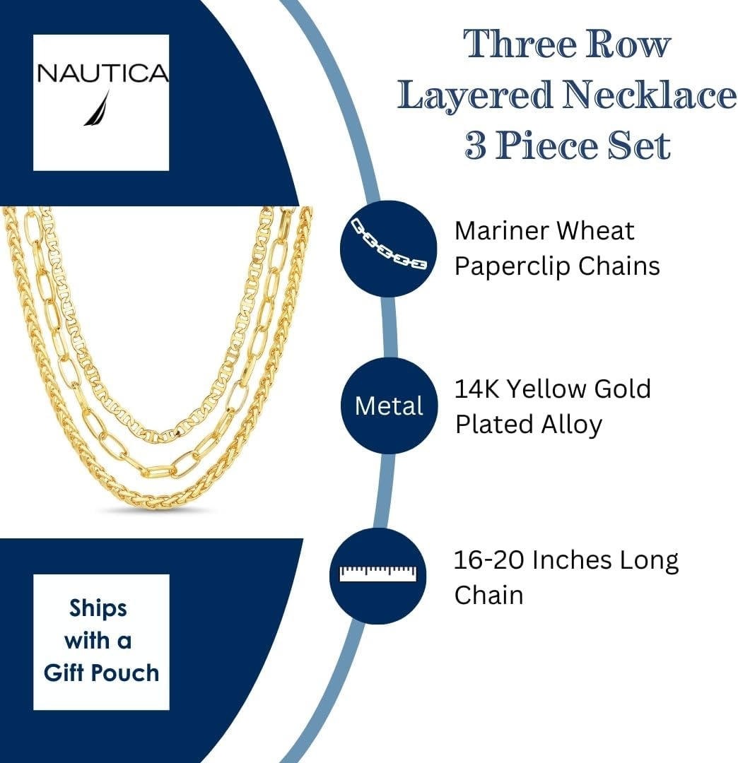 image:imageNautica Three Row Layered Necklace for Women 14K Gold Plated Alloy Statement Mariner Wheat Paperclip Chain