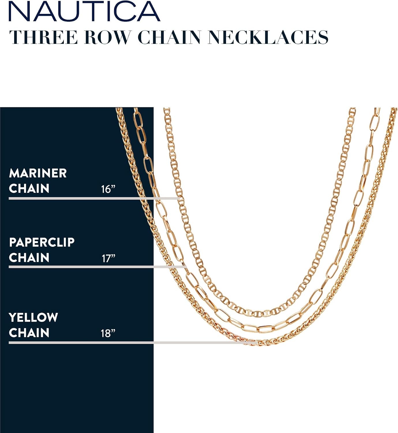 image:imageNautica Three Row Layered Necklace for Women 14K Gold Plated Alloy Statement Mariner Wheat Paperclip Chain