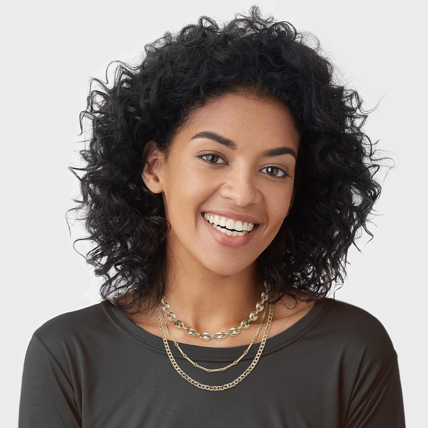 image:imageNautica Three Row Layered Necklace for Women 14K Yellow Gold Plated Alloy Yellow Statement Chain Puffy Link Curb Chains 1620 Inches
