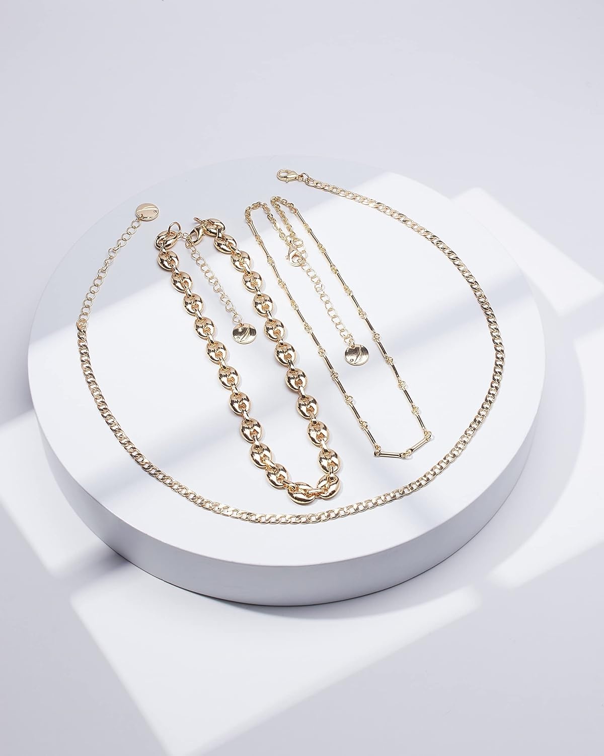 image:imageNautica Three Row Layered Necklace for Women 14K Yellow Gold Plated Alloy Yellow Statement Chain Puffy Link Curb Chains 1620 Inches