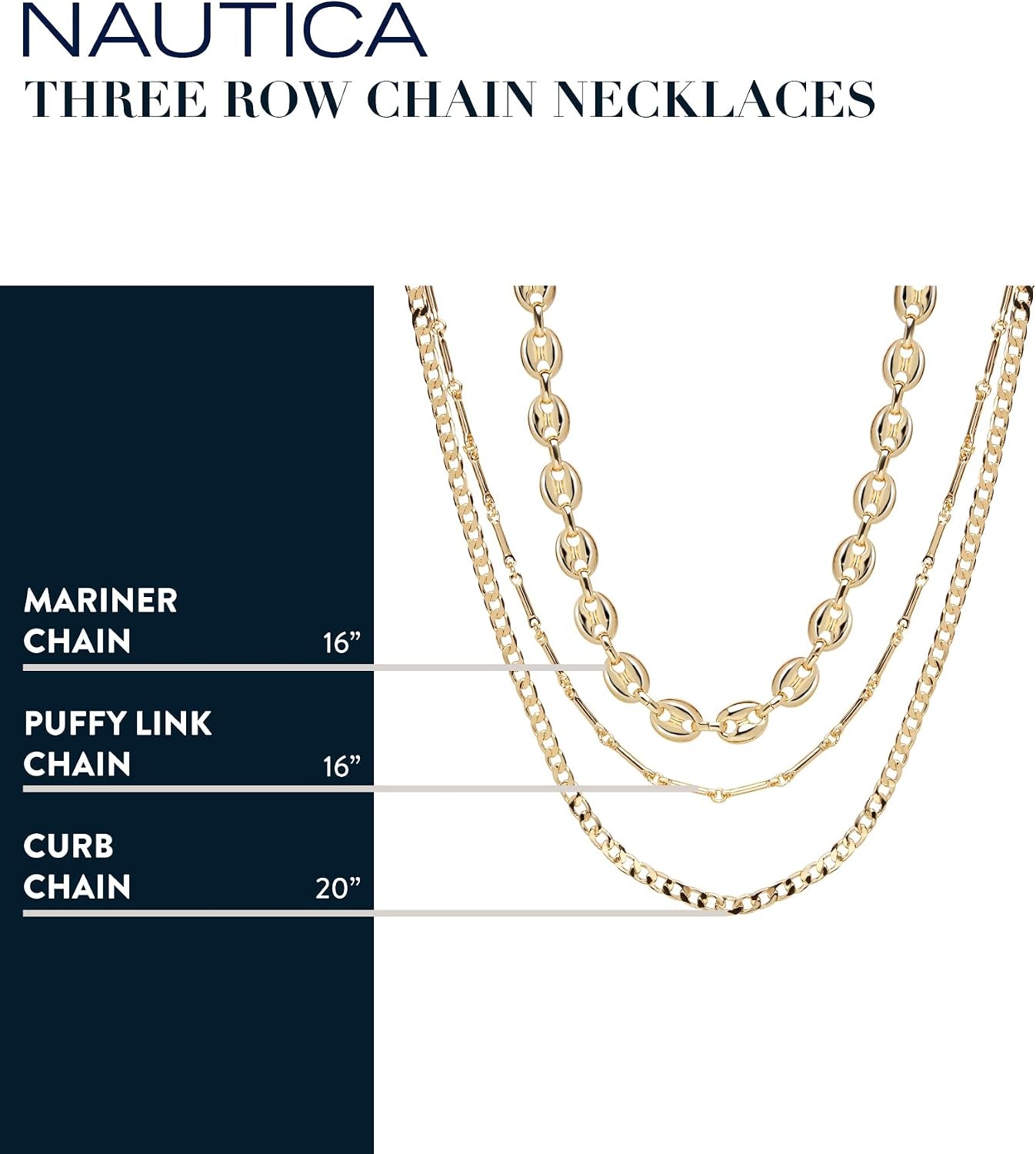 image:imageNautica Three Row Layered Necklace for Women 14K Yellow Gold Plated Alloy Yellow Statement Chain Puffy Link Curb Chains 1620 Inches