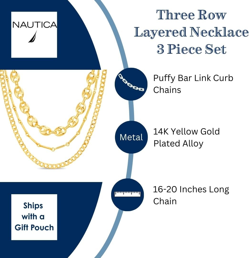 image:imageNautica Three Row Layered Necklace for Women 14K Yellow Gold Plated Alloy Yellow Statement Chain Puffy Link Curb Chains 1620 Inches