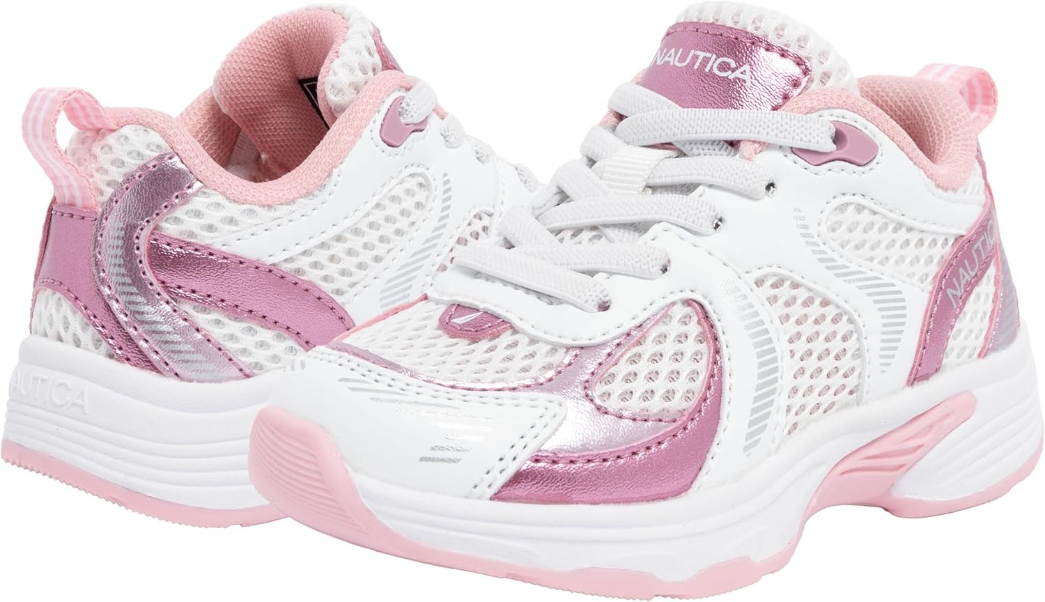 image:imageNautica Toddler Boys amp Girls Athletic Running Sneakers Lightweight Breathable Mesh Tennis Shoes with Bungee Laces Comfortable Walking amp School FootwearWhite Pink Metallic