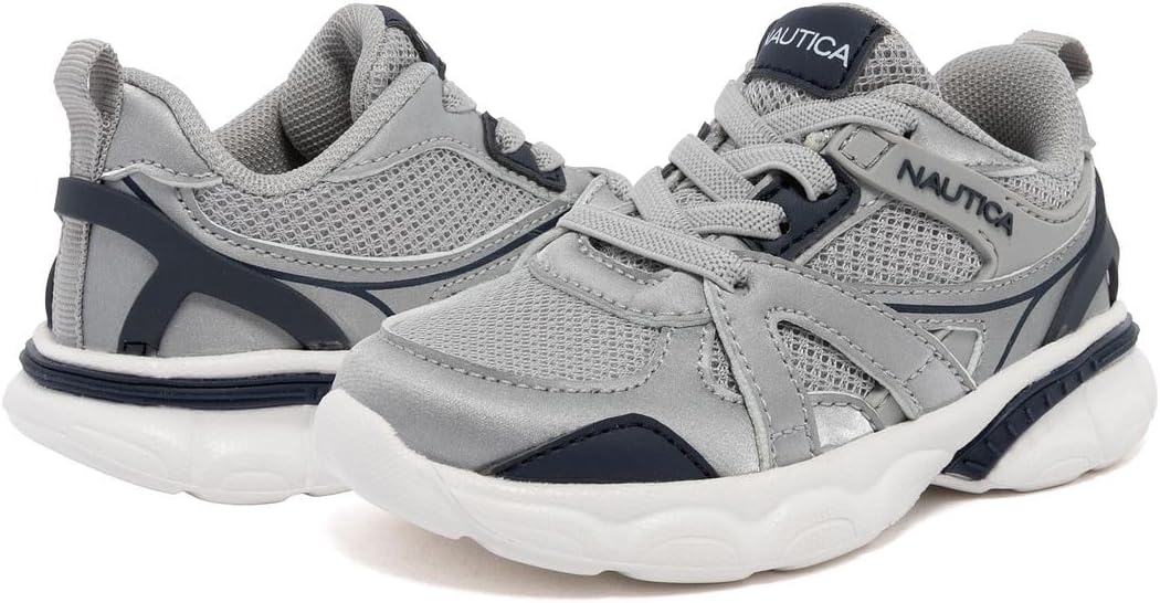 image:imageNautica Toddler Boys amp Girls Athletic Running Sneakers Lightweight Breathable Mesh Tennis Shoes with Bungee Laces Comfortable Walking amp School FootwearWhite Silver Navy