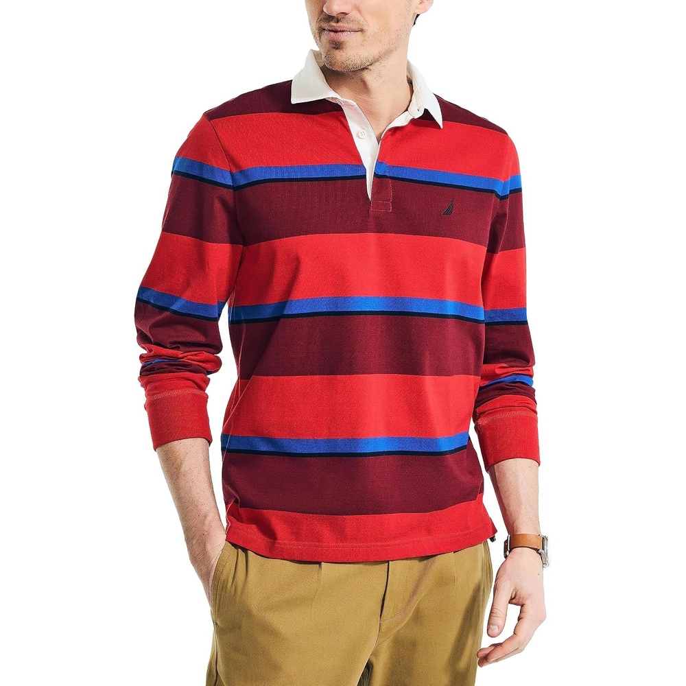 image:imageNautica Mens Relaxed Fit LongSleeve Rugby PoloSunrise Red