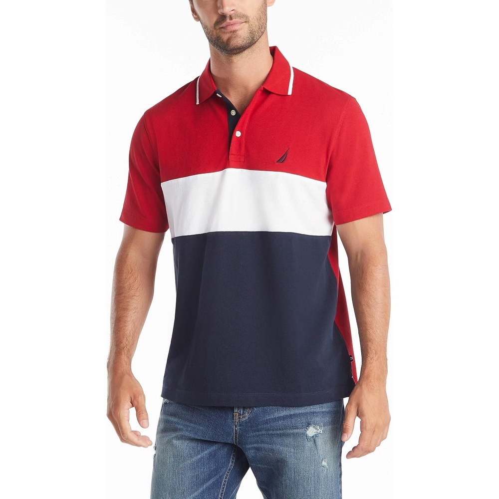 image:imageNautica Mens Short Sleeve 100 Cotton Pique Color Block Polo ShirtNautica Red