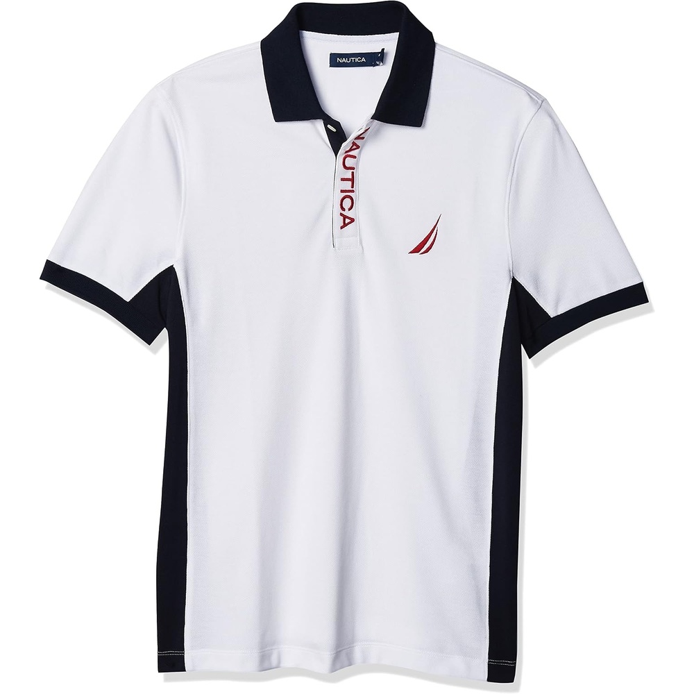 image:imageNautica Mens Short Sleeve Color Block Performance Pique Polo ShirtBright White