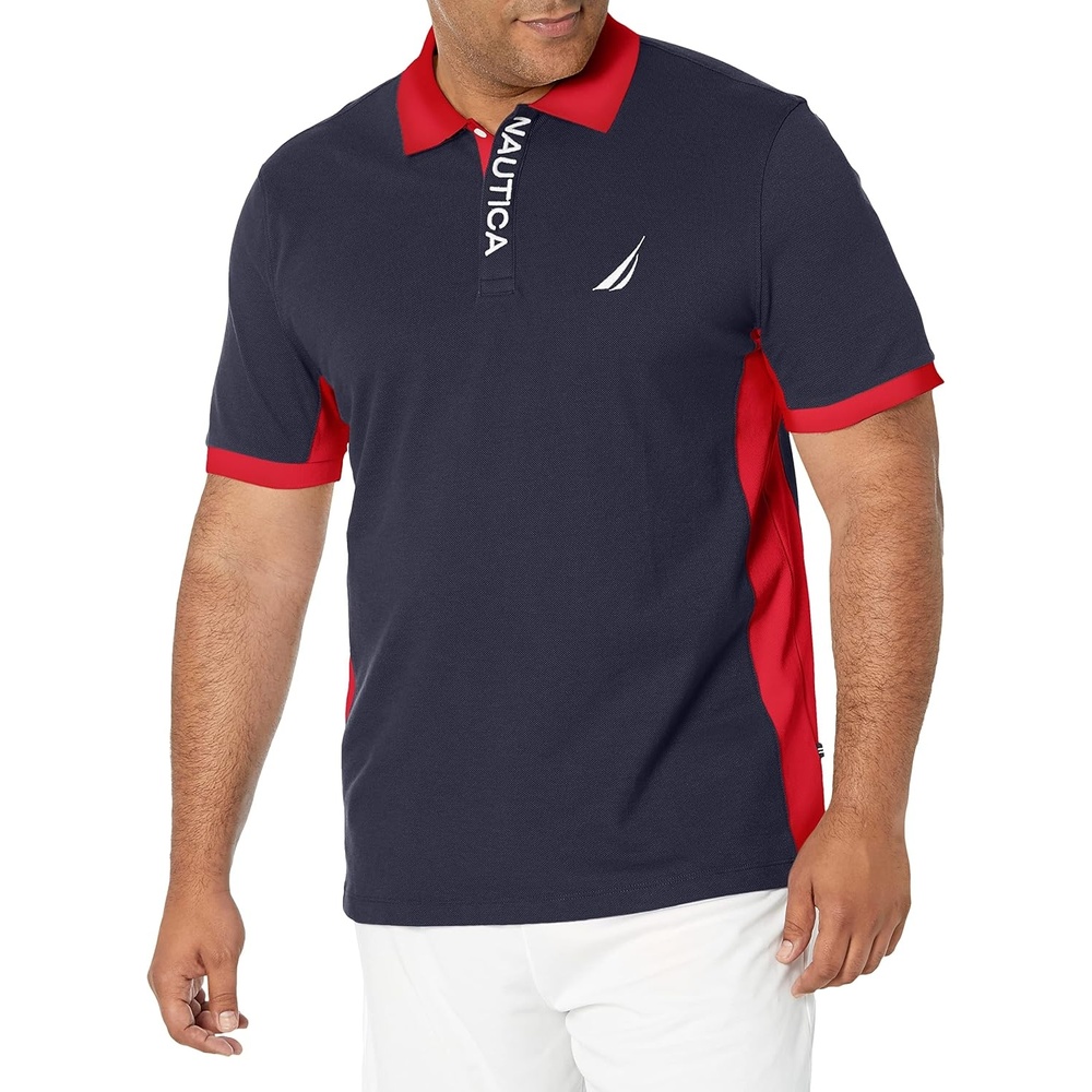 image:imageNautica Mens Short Sleeve Color Block Performance Pique Polo ShirtNavy