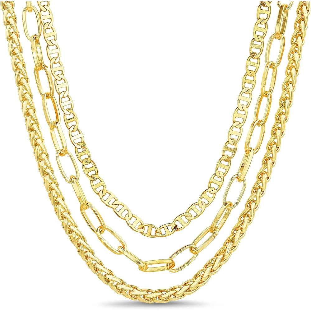 image:imageNautica Three Row Layered Necklace for Women 14K Gold Plated Alloy Statement Mariner Wheat Paperclip Chain