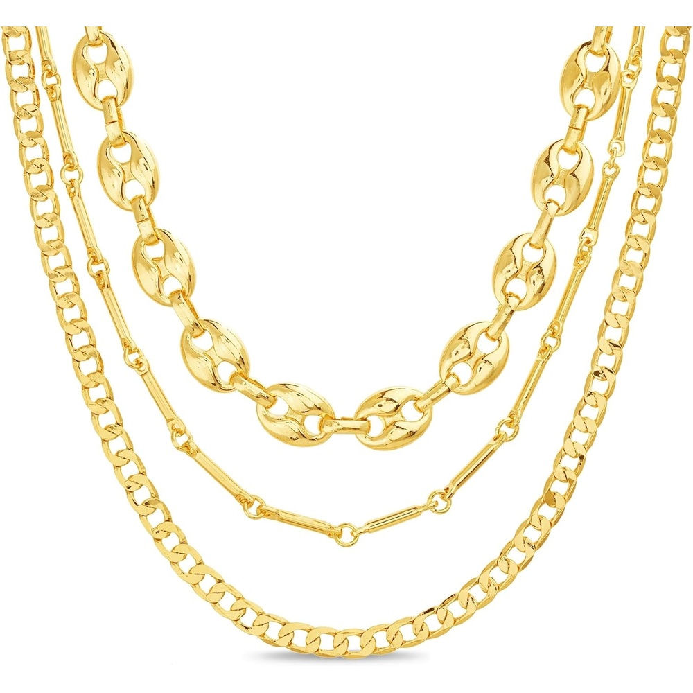 image:imageNautica Three Row Layered Necklace for Women 14K Yellow Gold Plated Alloy Yellow Statement Chain Puffy Link Curb Chains 1620 Inches