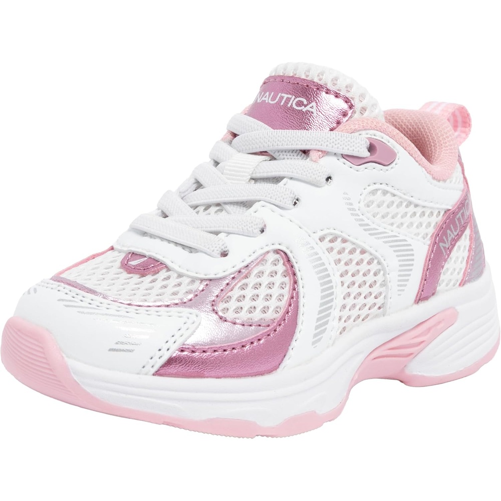 image:imageNautica Toddler Boys amp Girls Athletic Running Sneakers Lightweight Breathable Mesh Tennis Shoes with Bungee Laces Comfortable Walking amp School FootwearWhite Pink Metallic
