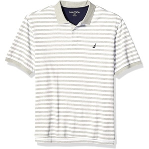 Nautica Men’s Classic Fit 100% Cotton Soft Short Sleeve Stripe Polo Shirt(Grey Heather)