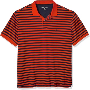 Nautica Men’s Classic Fit 100% Cotton Soft Short Sleeve Stripe Polo Shirt(Orange Poppy)