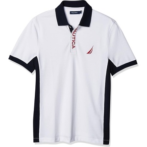 Nautica Men’s Short Sleeve Color Block Performance Pique Polo Shirt(Bright White)