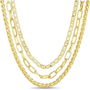 Nautica Three Row Layered Necklace for Women 14K Gold Plated Alloy Statement Mariner Wheat Paperclip Chain