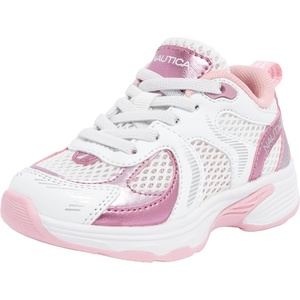 Nautica Toddler Boys & Girls Athletic Running Sneakers – Lightweight Breathable Mesh Tennis Shoes with Bungee Laces, Comfortable Walking & School Footwear(White Pink Metallic)